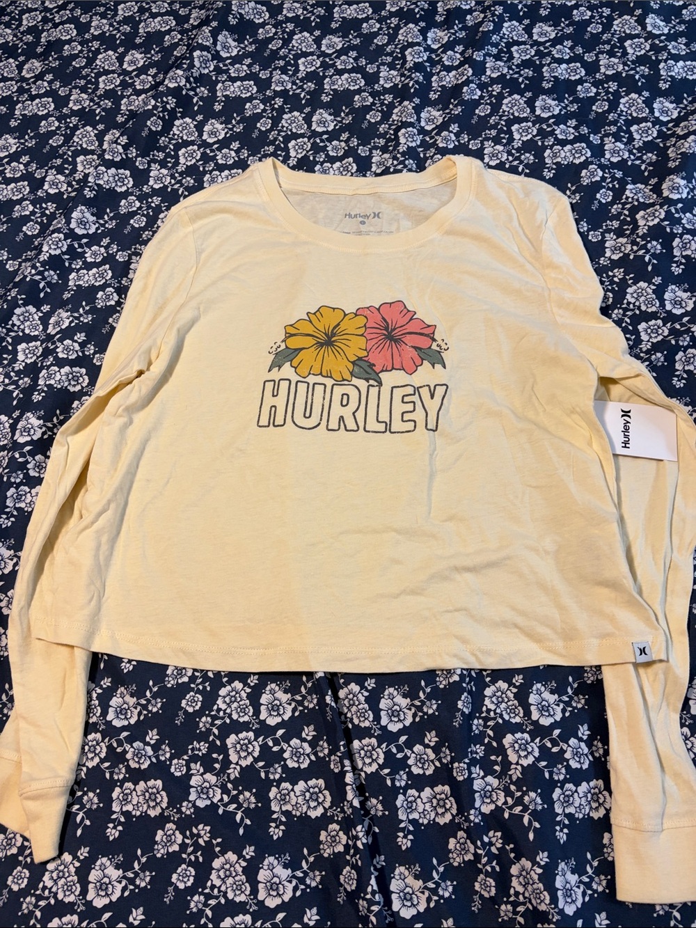 Hurley Pale Yellow Long-Sleeve Tee with Floral Logo